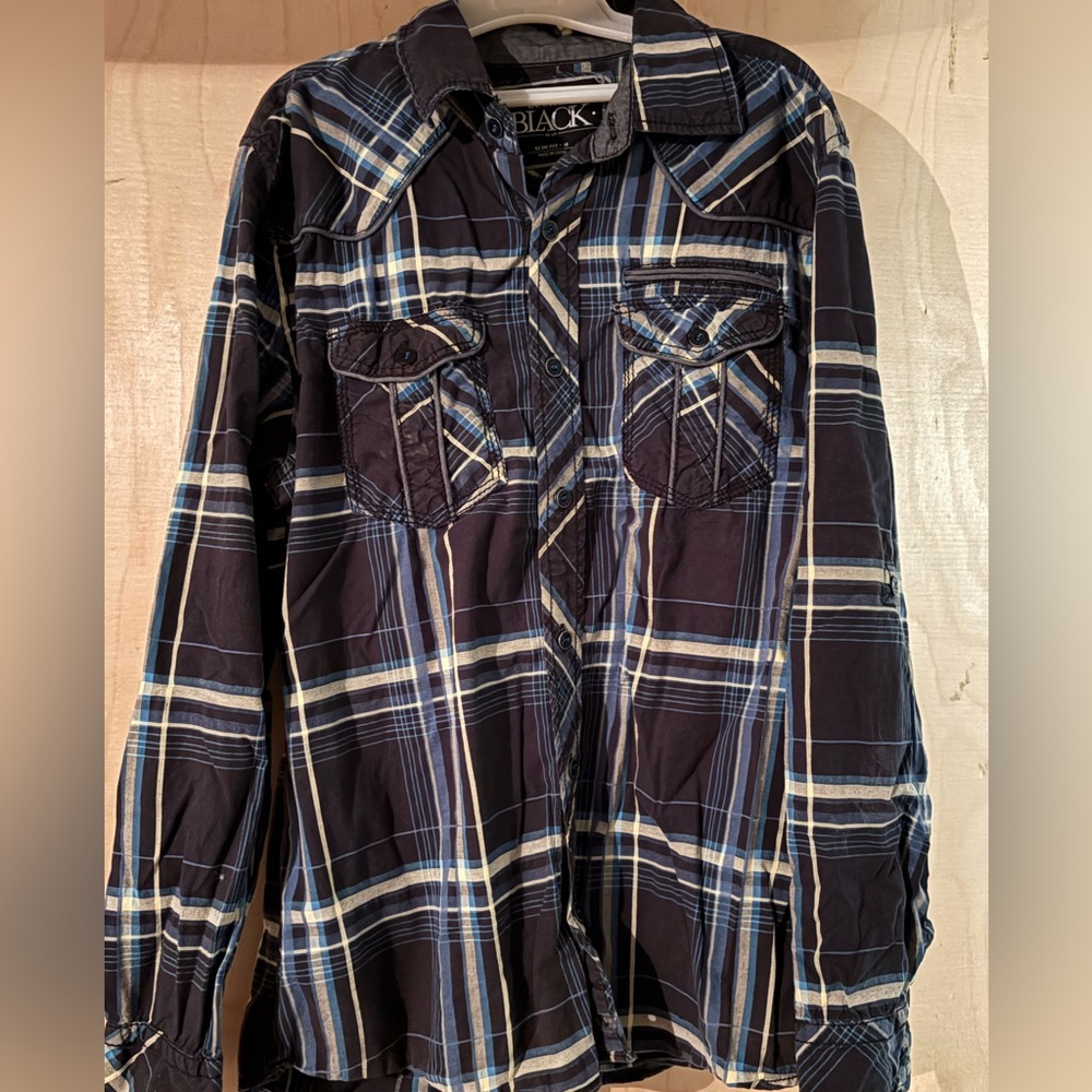 Buckle Black Men's Black Plaid Button-Down Shirt with Blue & Yellow